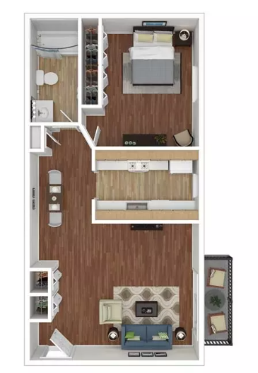 Floor plan for 1 bed, 1 bath, 714 sqft
